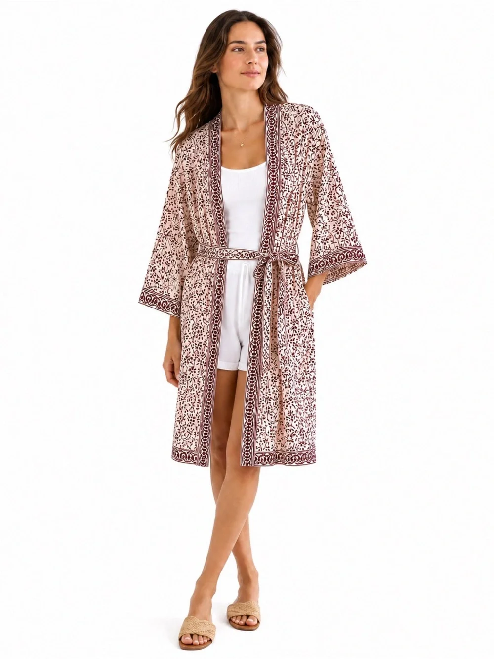 ANOKHI Cotton Block Print Kimono Robe Free Size Boho Burgundy Floral Loungewear
